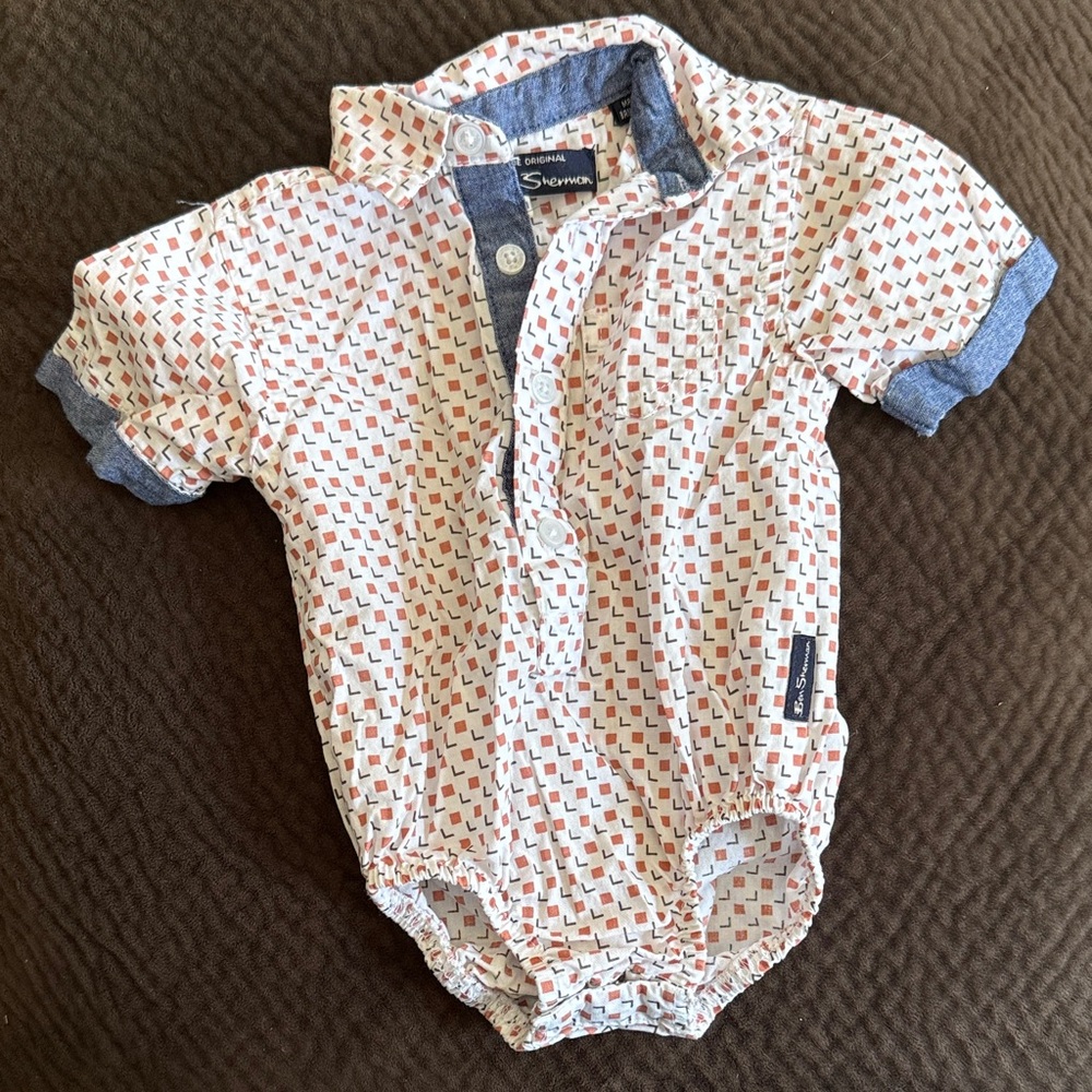 Ben Sherman White Baby Shirt with Orange Squares and Navy Trim